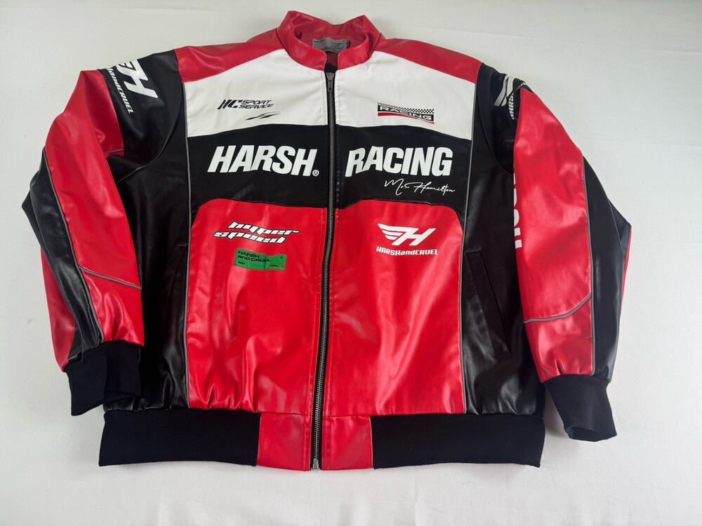 HARSH AND CRUEL Racing Faux Leather Moto Jacket Red Black White XL